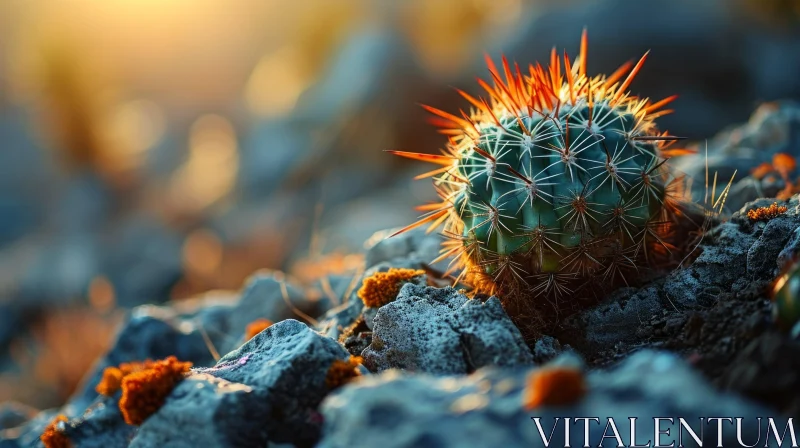 Close-up of a Small Cactus on Desert Rocks - Vibrant Nature Photography AI Image