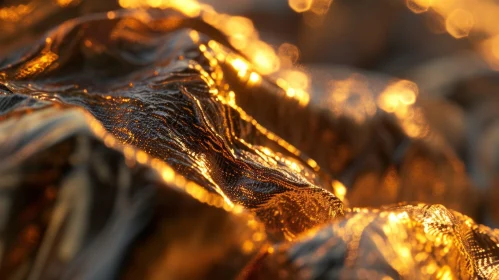 Close-up of Crumpled Gold Fabric with Dramatic Lighting and Textured Folds
