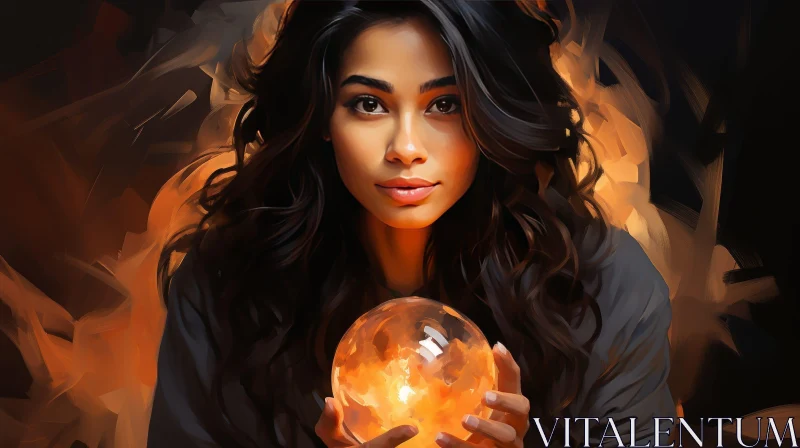 Dark-haired Woman Portrait with Crystal Ball AI Image