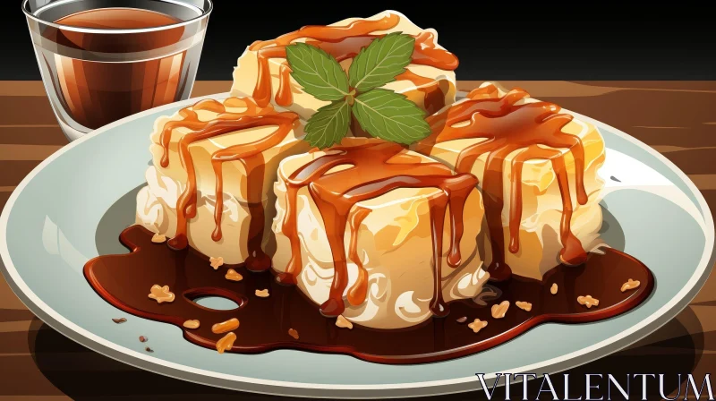 Delicious Cake with Caramel Sauce and Mint AI Image