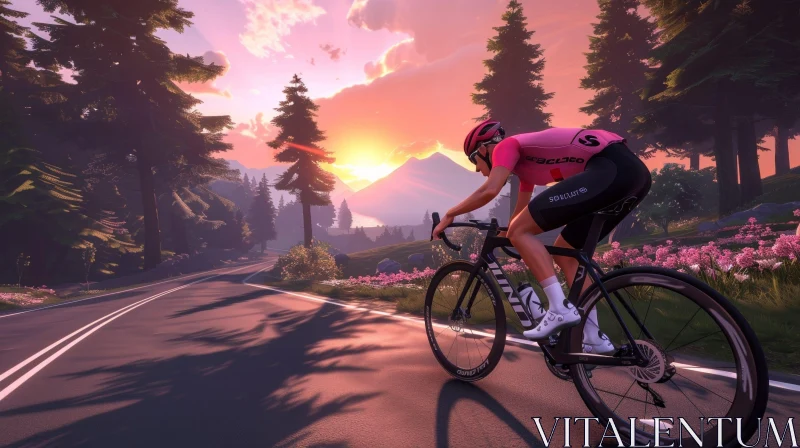 Determined Cyclist Riding Through Beautiful Sunset Landscape AI Image