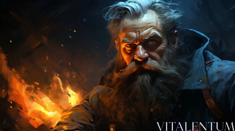 Elderly Man Portrait by Fire AI Image