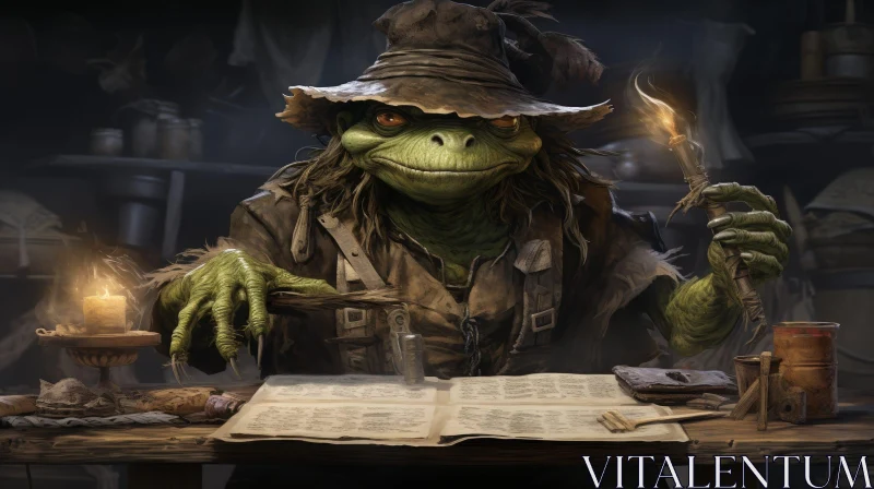 Enchanting Frog Wizard Painting at Wooden Table AI Image