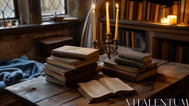 Enchanting Still Life Photography: Wooden Table, Books, and Candlestick AI Image