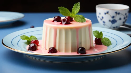 Exquisite Panna Cotta Dessert with Raspberry Sauce on Blue Plate