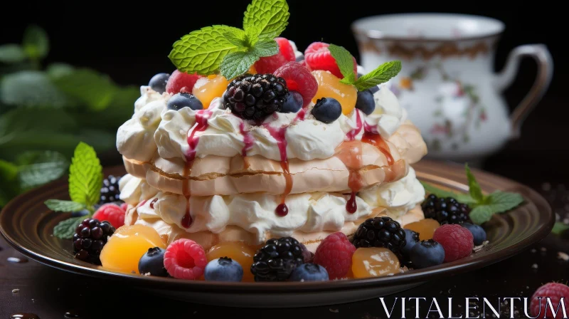 Exquisite Pavlova Dessert with Fresh Berries and Mint AI Image