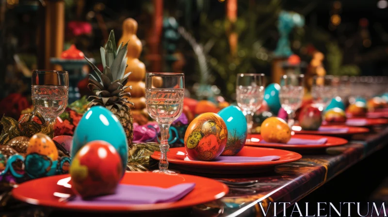 Extravagant Easter Table Setting with Rich Colors and Chicano Inspirations AI Image