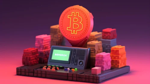 Glowing Bitcoin Computer in Retro City | 3D Illustration