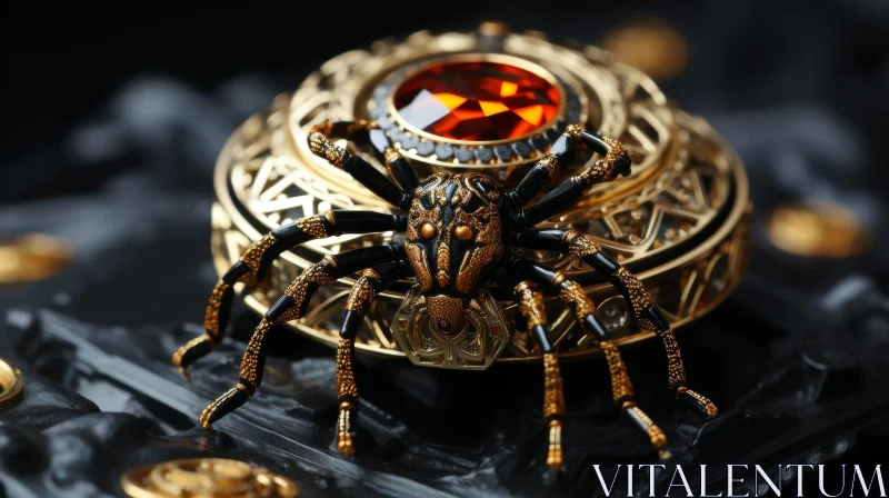 AI ART Golden Spider with Red Jewel - 3D Rendering
