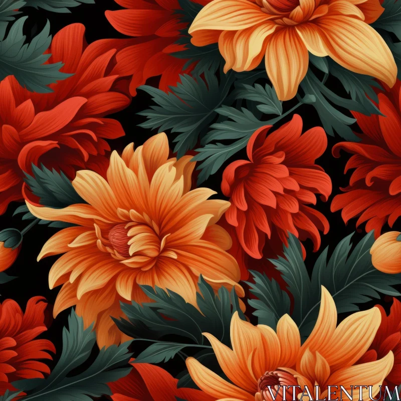 Red and Yellow Dahlia Flower Pattern on Black Background AI Image