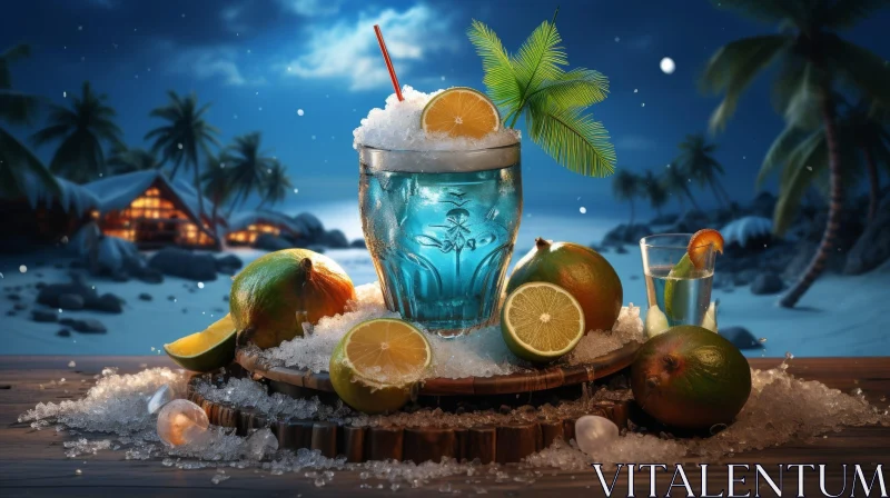AI ART Refreshing Blue Cocktail on Beach Table