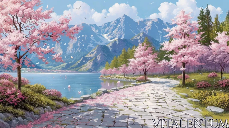 Serene Mountain Lake Landscape with Cherry Blossoms in Spring AI Image