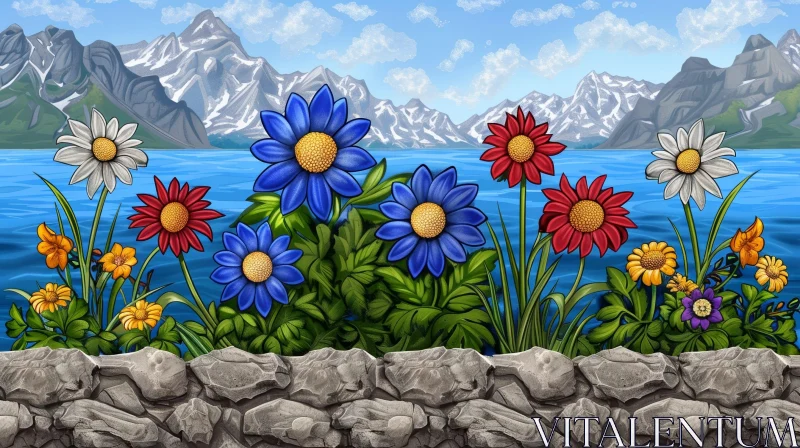 AI ART Tranquil Mountain Landscape with Lake and Flowers