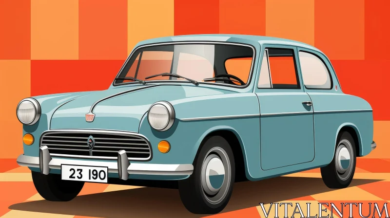 Vintage Blue Retro Car on Orange Checkered Background AI Image