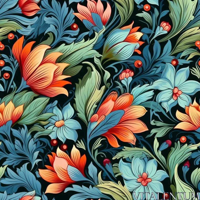 Vintage Floral Pattern on Dark Blue Background AI Image