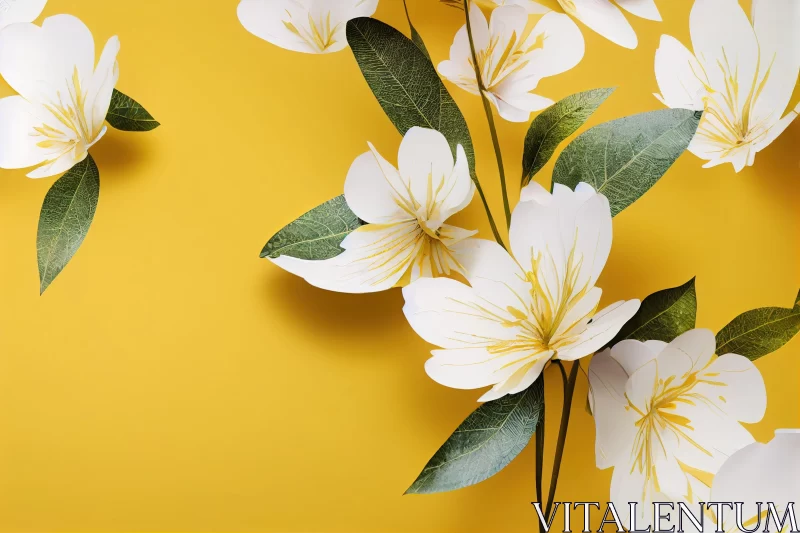White Paper Flowers on Yellow Background - Highly Detailed Foliage AI Image