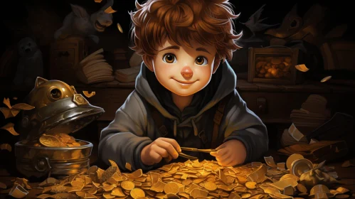 Young Boy with Gold Coins - Digital Painting