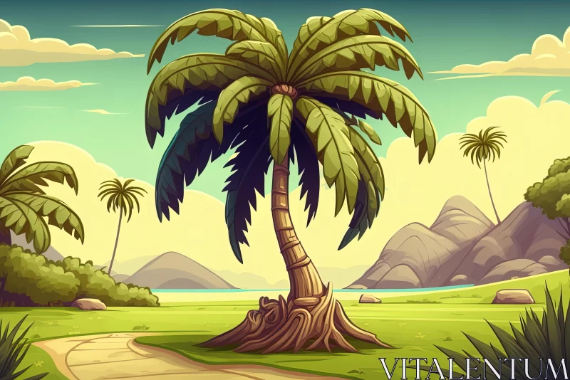 Cartoon Palm Tree in Tropical Landscape | Hyper-Detailed 2D Game Art AI Image