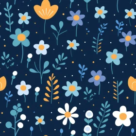 Cheerful Floral Pattern on Dark Blue Background