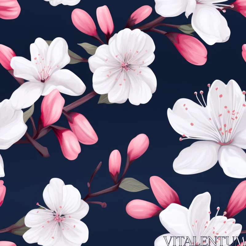 Cherry Blossom Floral Pattern on Blue Background AI Image