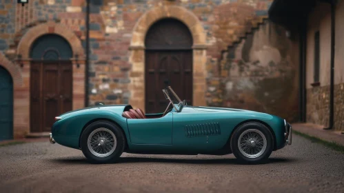 Classic Green Sports Car in Front of Old Stone Building