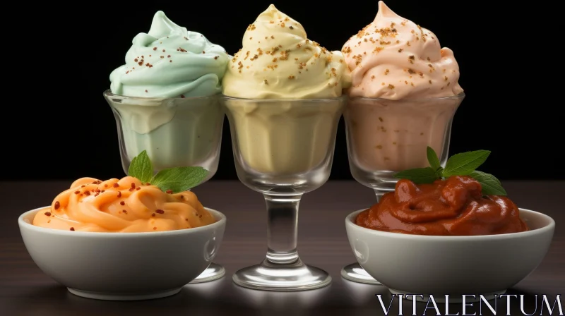 Colorful Whipped Cream and Sauces on Wooden Table AI Image