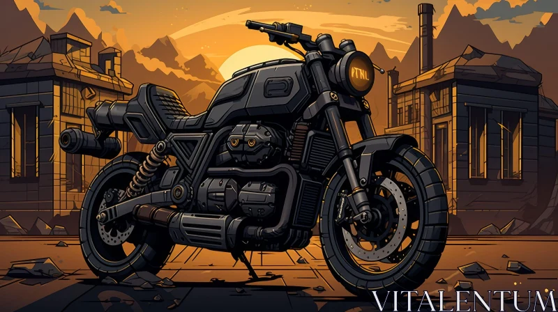Custom Futuristic Motorcycle in Ruined City at Sunset AI Image