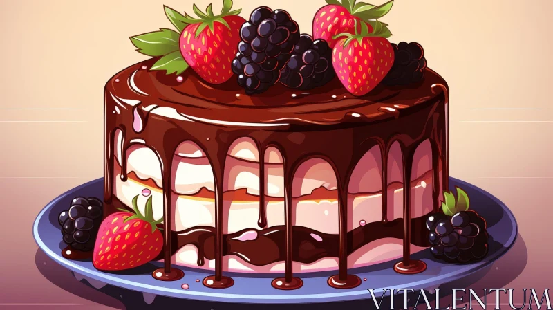 Delicious Chocolate Cake with Fresh Berries - Cartoon Style AI Image