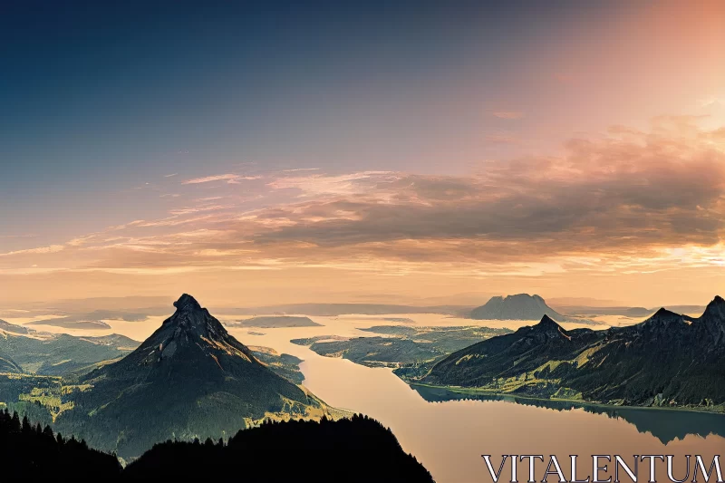 Ethereal Mountain Landscape at Sunset: Swiss Style Panoramic AI Image