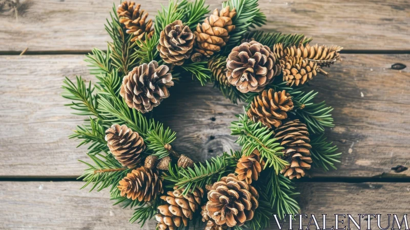 Festive Christmas Wreath - Pine Cones and Fir Branches on Wooden Background AI Image