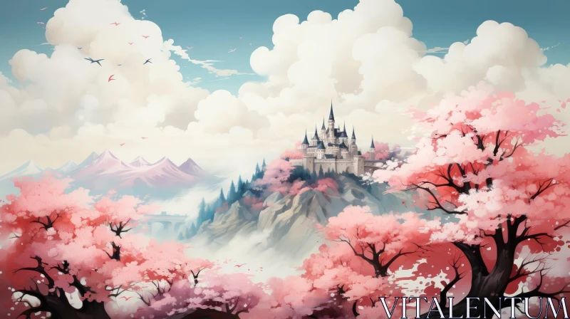 Majestic Castle Landscape with Cherry Blossoms AI Image