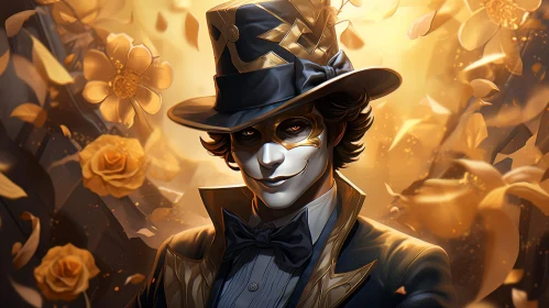 Mysterious Man Portrait in Top Hat and Mask