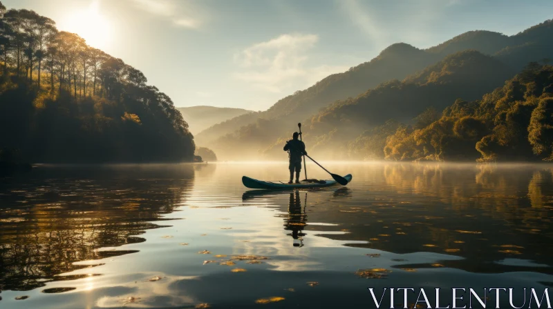 Paddleboarder at Sunrise: A Study in Atmospheric Landscapes AI Image