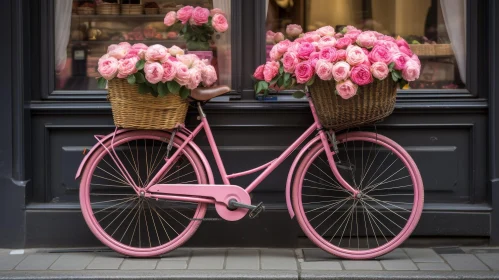 Pink Bicycle with Pink Roses by Glass Door