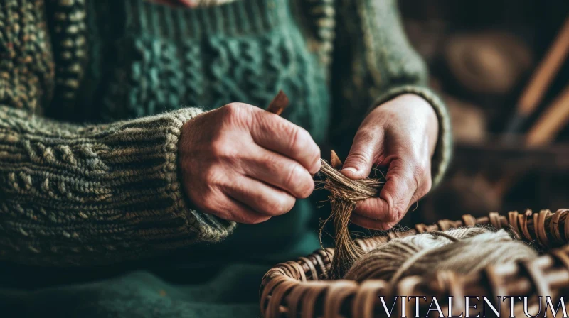 Spinning Yarn: A Rustic Scene of a Woman Creating Handmade Crafts AI Image