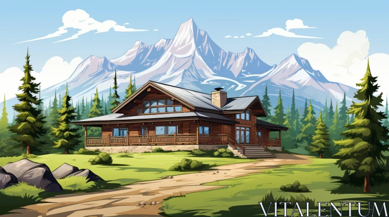 Tranquil Mountain Cabin Landscape AI Image