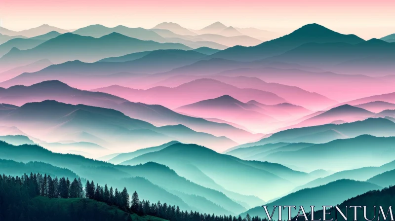 Tranquil Mountain Landscape with Soft Pink and Blue Sky AI Image