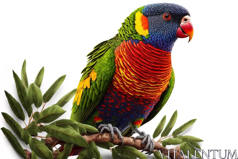 Vibrant and Detailed Rendering of a Colorful Parrot on a Tree Branch AI Image