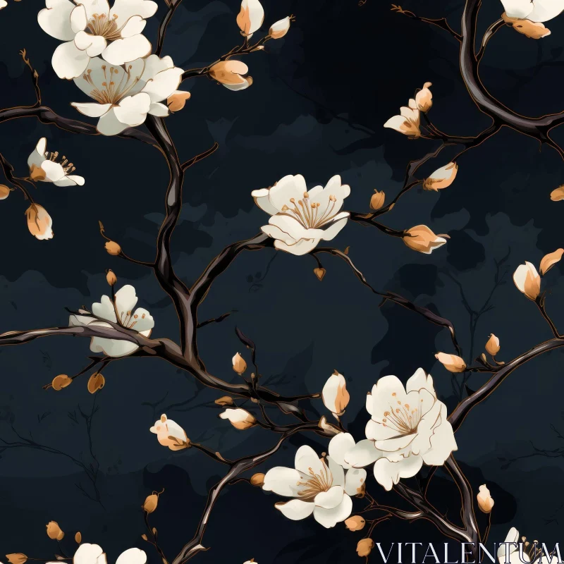White and Gold Floral Seamless Pattern on Dark Blue Background AI Image