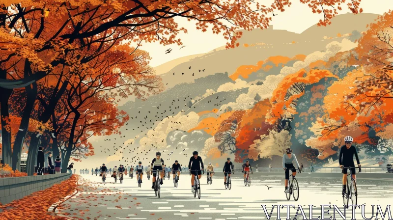 AI ART Autumn Park Cycling - Colorful Cyclists in Nature Scene