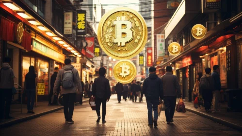 Bitcoin City Street Scene with Busy Pedestrians