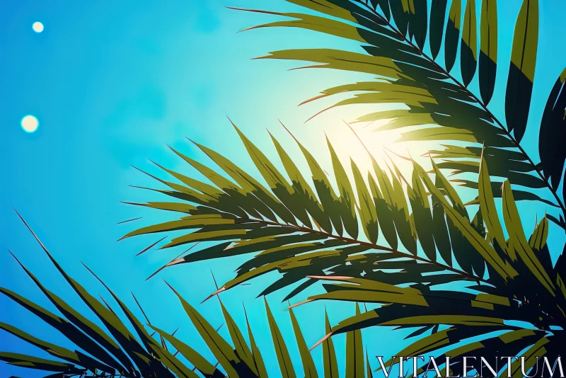 Captivating Palm Leaves Against Blue Sky - Digital Painting AI Image