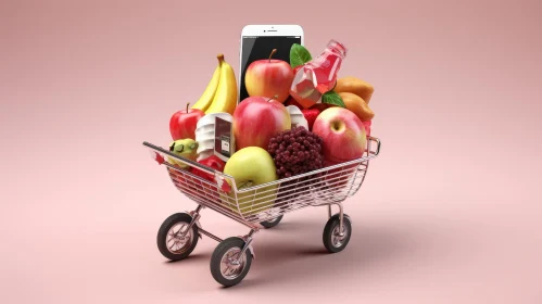 Colorful 3D Shopping Cart with Groceries and Smartphone