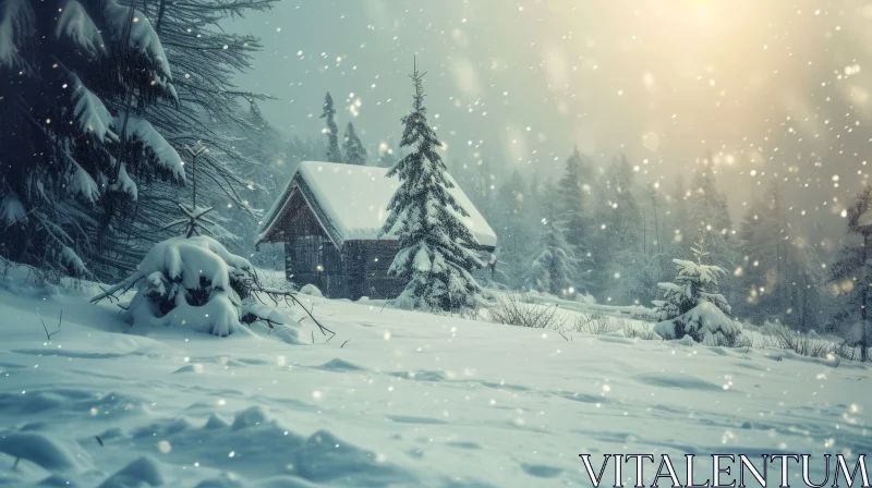 Cozy Wooden Cabin in Snowy Forest: A Serene Nature Scene AI Image