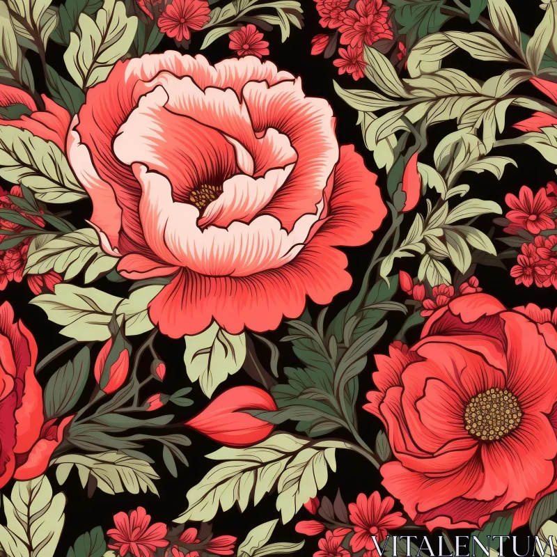Dark Floral Pattern with Red and Pink Peony Flowers AI Image