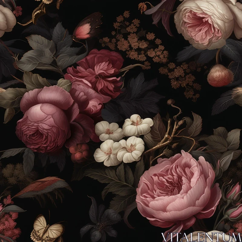 AI ART Dark Floral Seamless Pattern - Detailed Flowers Design
