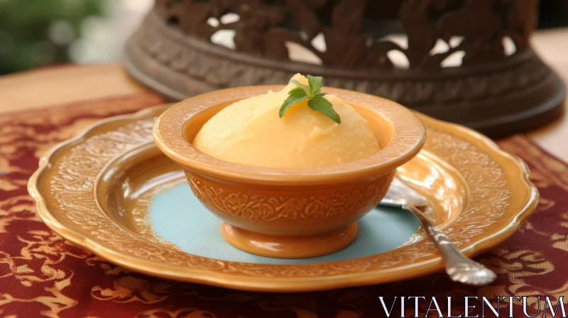 Delicious Orange Sorbet with Mint on Blue Plate AI Image