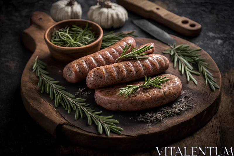 Delicious Sausages on Wooden Board with Rosemary and Garlic AI Image