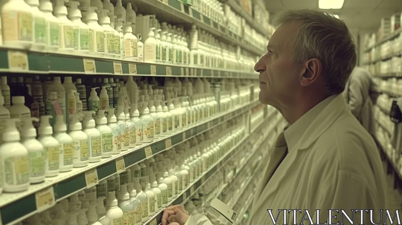 Inquisitive Man in Lab Coat Observing Drugstore Shelves AI Image