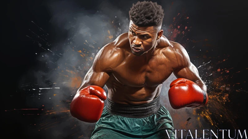 Intense African-American Boxer in Red Gloves AI Image